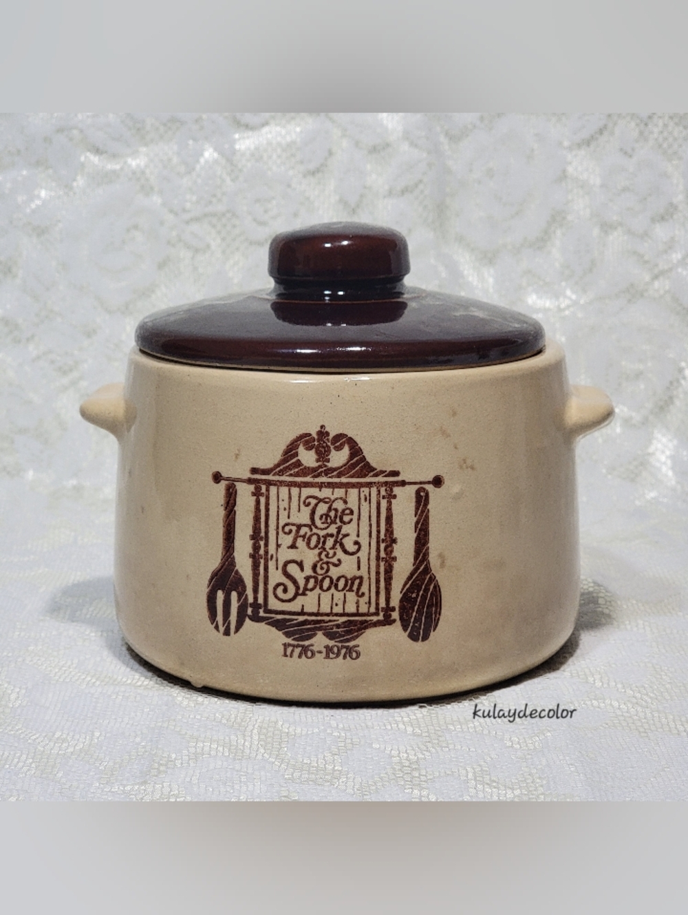 Vintage West Bend Stoneware Bean Pot Crock with Lid 1776–1976 Fork & Spoon